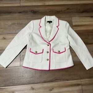 NWT - Talbots Tweed Cream Fringe Jacket Size 6 Petite Gold Buttons & Pink Trim